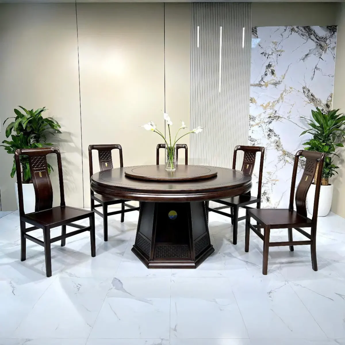 Bộ bàn ăn tròn xoay 6 ghế gỗ tự nhiên